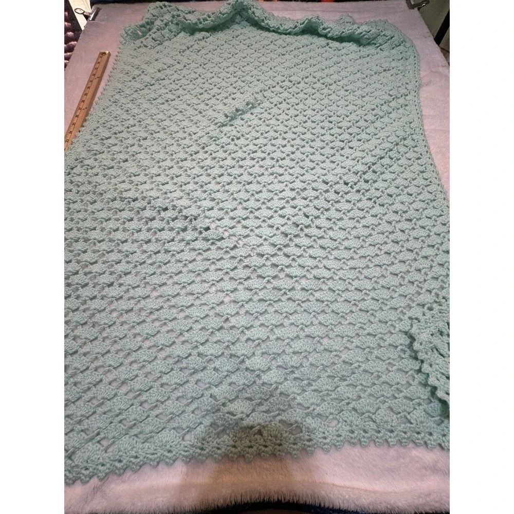 Vintage Aqua Hand Crocheted Soft Knitted Baby Blanket Throw Afghan Unisex 34x44